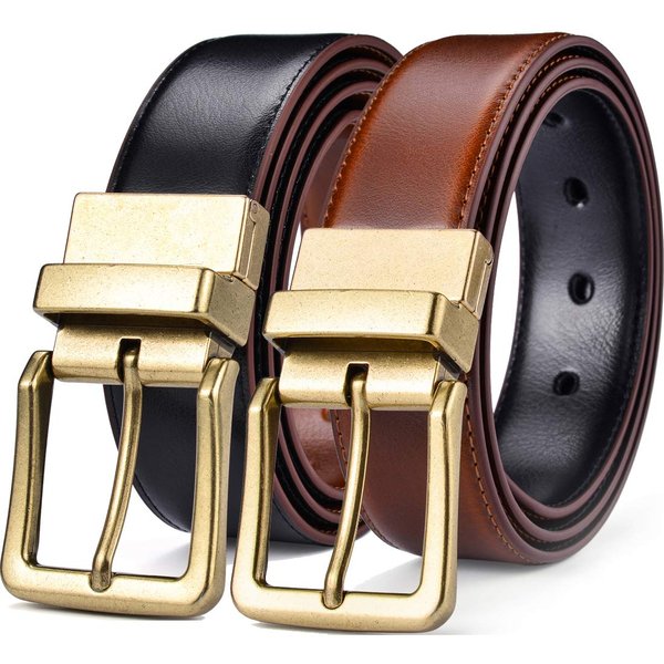Beltox Men’s Belts Reversible Leather 1.25” Wide 1 for 2 Rotate Buckle Gift Box (Antique Gold Buckle with Black/LT Brown Belt, 32-34)
