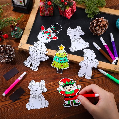 Gemscream 30 Sets Christmas Crafts Color Your Own Santa Elf Elk Magnet Craft Kit DIY Christmas Coloring Arts Magnet Ornaments for Fun Home Activities Art Party Favors
