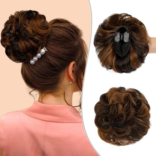 Wodelanle Claw Clip Messy Bun Hair Piece Wavy Hair Bun Curly Messy Bun Hair Piece Synthetic Tousled Updo Hair Extensions Ponytail Scrunchies Hairpieces for Women,Dark Brown Mix Light Auburn