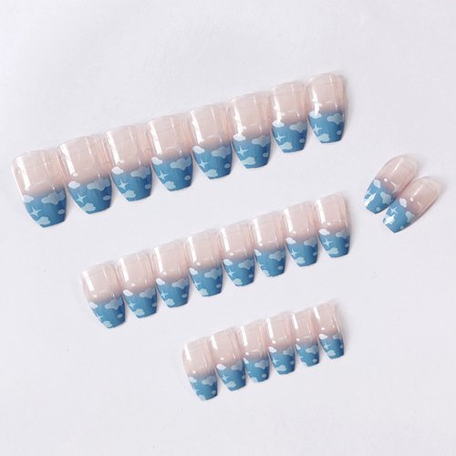 FULZTEY Coffin Press on Nails French Glossy Pink-Blue Cloud Full Cover Medium False Nails for Women Ballerina Nail Art DIY Acrylic Fake Nail Tips Stick on Nails 24Pcs