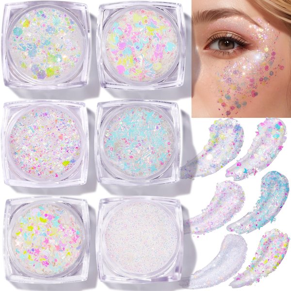 Teenitor Face Glitter Body Glitter, Clear White Body Glitter Gel, Hair Glitter Gel, 6 Shapes Rave Glitter, Mermaid Sequins Makeup Glitters Face Paint, Chunky Sparkling Glitter Gel for Women