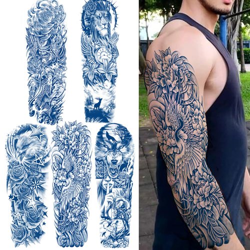 Aresvns Semi Permanent Sleeve Tattoo for Men and women, Realistic Temporary Tattoos Full Arm Waterproof & Long-Lasting 2-3 Weeks Christmas Gift Blue