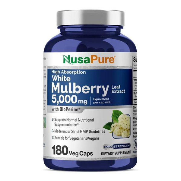 NusaPure White Mulberry Leaf Extract 5,000mg 180 Veggie Caps (Vegetarian, Bioperine)