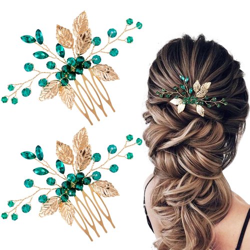 HINZIC 2Pcs Bridal Hair Combs, Green Crystal Emerald Turquoise Hair Pins, Gold Leaves Wedding Hairpiece Clips Accessories for Women Girls Party Bride Prom Engagement