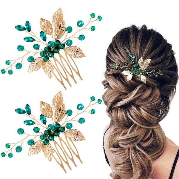 HINZIC 2Pcs Bridal Hair Combs, Green Crystal Emerald Turquoise Hair Pins, Gold Leaves Wedding Hairpiece Clips Accessories for Women Girls Party Bride Prom Engagement