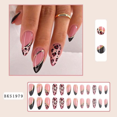 French Tip Press on Nails Medium Almond Fake Nails Gold Line with Leopard Print Design Pink False Nails Acrylic Full Cover Artificial Nails Glossy on Nails Stick on Nails for Women Manicure Art 24Pcs