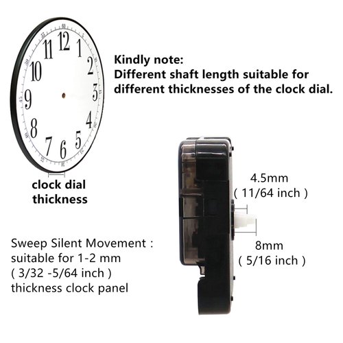 TIKROUND Youngtown 12888 Snap in Type 4.5mm Hour Shaft Length Continuous Sweep Non Threaded Quartz Clock Movement 8mm Total Shaft Length (A Hands).