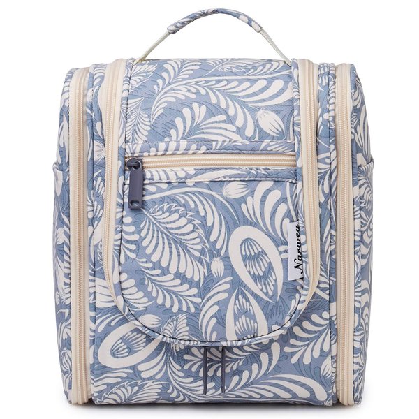 Narwey Hanging Toiletry Bag Women Travel Makeup Bag Organizer Toiletries Bag for Travel Size Essentials Accessories Cosmetics (Medium, Blue Leaf)