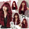 AKTSNYMPH Burgundy Wig with Bangs,Long Curly Wigs for Women,Real Natural Looking Synthetic Fiber Wavy Hair Wig for Daily Holiday Party Cosplay Use 26IN