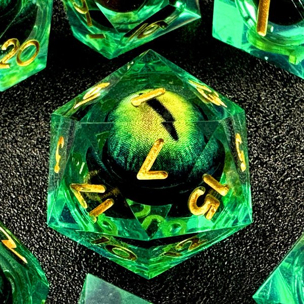 HAOMEJA DND Resin Dice Beholder's Dragon Eye Dice Liquid Core Dice Set with Gift Dragon Eye Bag, Sharp Edges Dice Set 7 PCS Apply to Dungeons and Dragons Dice D20 D12 D10 D100 D8 D6 D4 (Eye Green)