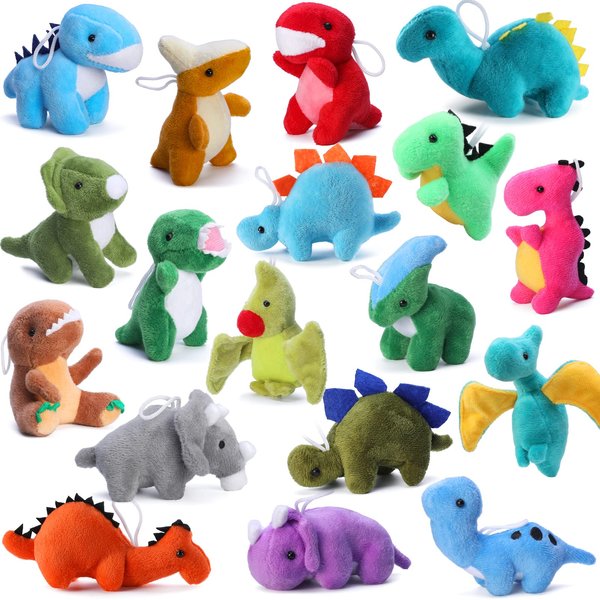 18 Pack Plush Dinosaur Toys Bulk, Mini Soft Stuffed Animal Cute Dinosaur Figures, Keychain Decoration for Goodie Bag Filler, Claw Machine, Treasure Chest Prizes, Birthday Party Favor for Kids