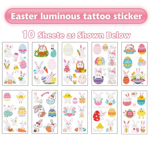 Easter Luminous Temporary Tattoos Stickers for Kids，Glow Easter Decoration Party Supplies Favors， Easter Eggs Chicken Tattoo Sticker, Basket Stuffers Hunt for teens girls babies adults