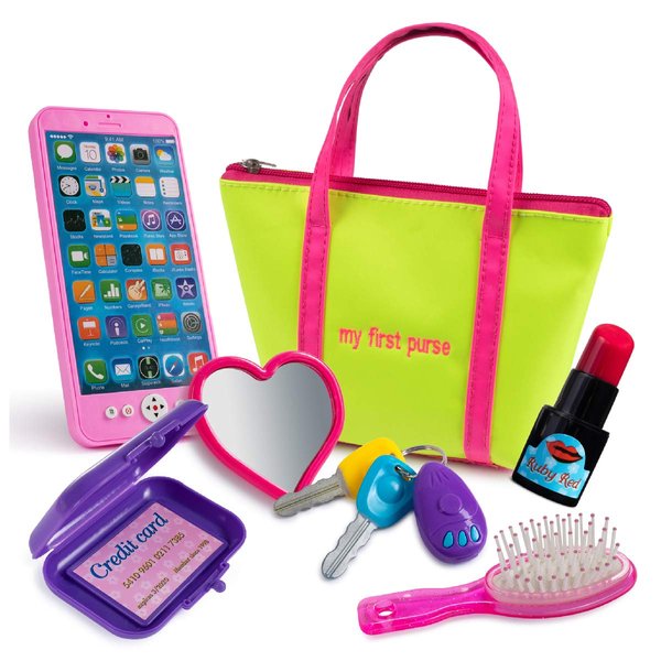 Kiddofun My First Purse - Kids Pretend Toy Hand Bag Includes Play Phone Keys Mirror Hairbrush Wallet Credit Card Lipstick - Great Gift Set for Girls, Boys, Toddlers & Preschools