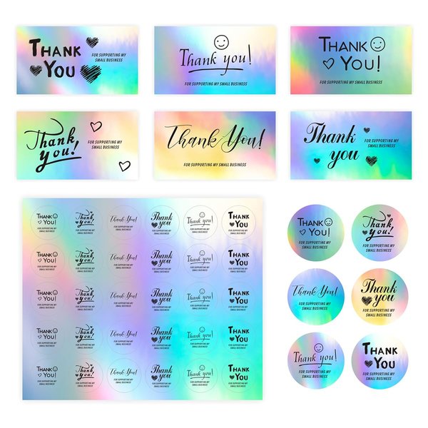 KIUKIUO 1020 PCS Thank You Cards and Stickers Set, Include 120 Thank You Holographic Business Card 900 Thank You Thank You for Supporting My Small Business Holographic Stickers