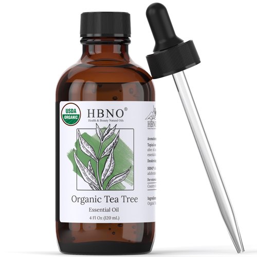 HBNO California Bottled Organic Tea Tree Oil for Skin 4 fl oz (120ml) - USDA Certified Organic Tea Tree Oil for Hair - Tea Tree Essential Oil for Aromatherapy, Tea Tree Oil for Face