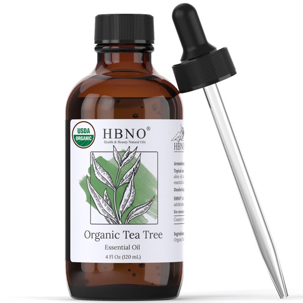 HBNO California Bottled Organic Tea Tree Oil for Skin 4 fl oz (120ml) - USDA Certified Organic Tea Tree Oil for Hair - Tea Tree Essential Oil for Aromatherapy, Tea Tree Oil for Face