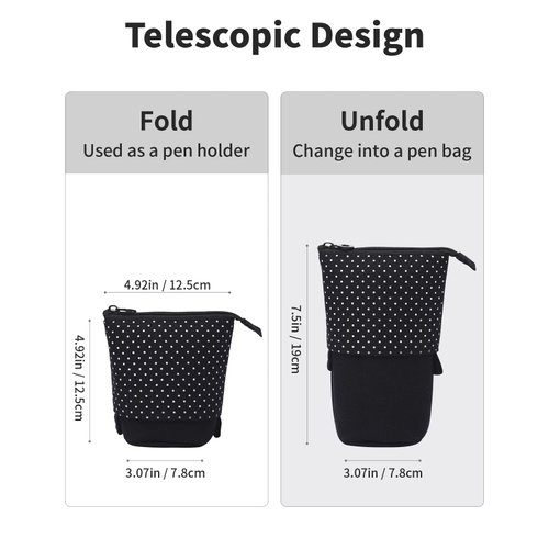 Sooez Pop Up Pencil Case, Cute Stand Up Durable Pen Pouch, Telescopic Kawaii Standing Spacious Pencil Pouch Portable Pencil Holder Bag for School Office (Black)