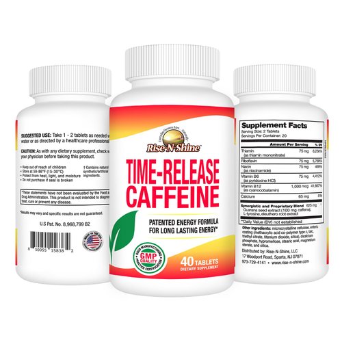 Rise-N-Shine Time Release Caffeine with L-Tyrosine, Thiamine, Vitamin B6, Vitamin B12, Thiamin & More - Energy Supplement for Women and Men - 40 Tablets