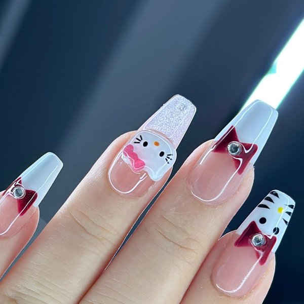 Ricefod Press on Nails Handmade Reusable Fake Nails with Cartoon Cat Design Press on False Nails French Tip Coffin Nails 10 Pcs Luxury Nails, Size:Small