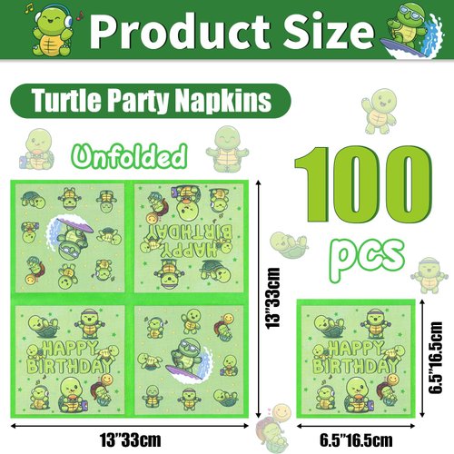 100Pcs Turtle Party Napkins, Disposable Sea Turtle Napkins, Cute Turtle Birthday Decorations Napkins for Under the Sea Party Decorations Baby Shower Boys Girls Party Supplies, 13 x 13 Inches