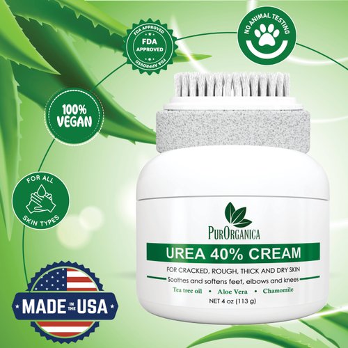 PurOrganica Urea 40% Foot Cream - Made in USA - Callus Remover - Moisturizes & Rehydrates Thick, Cracked, Rough, Dead & Dry Skin - For Feet, Elbows and Hands - With Pumice Stone and Brush