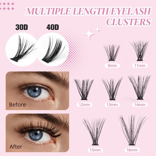 PITHER DIY Lash Extension Kit, Eyelash Extension Kit 280PCS 30D 40D Mix 9-16mm Individual Lash Clusters Kit with Applicator Bond and Seal Lash Glue Lash Extension Remover Tweezer