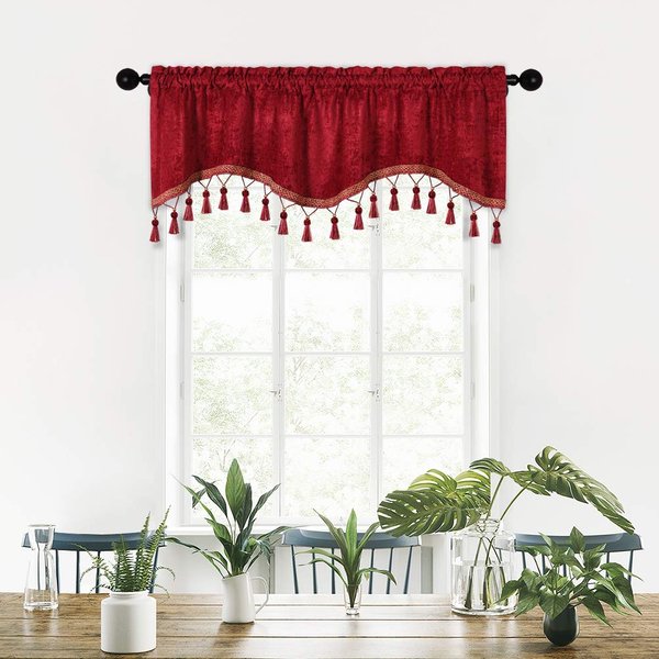 ELKCA Double-Sided Chenille Window Curtains Tier for Kitchen Burgundy Red Scalloped Valance for Living Room,Pack of 1(Burgundy Red, 52" W x 18" L)