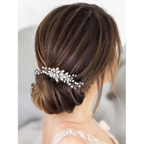 Latious Crystal Bride Wedding Hair Comb Silver Pearl Bridal Hair Pieces Rhinestones Hair Clip Prom Hair Accessories for Women and Girls
