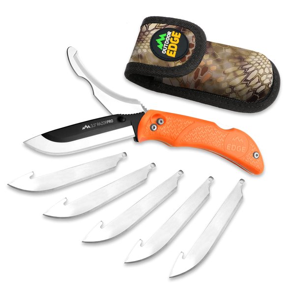 OUTDOOR EDGE RazorPro Double Blade Folding Hunting Knife - Field Butcher Knife with Replaceable RazorSafe & Gutting Blades, Orange Non-Slip Handle, Camo Holster, & 6 Blades. Must-Have Hunting Gear