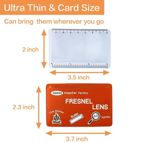 MAGDEPO 3X Card Size Magnifying Lens 3.5" X 2" with Ruler Scale & Lens Protective Case, Fresnel Magnifier Fire Starter Compact for Seniors Reading Maps, Menu, Small Texts on Bottle - 3 Pack (Red)