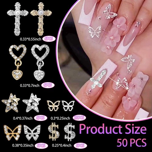 50Pcs Heart Nail Charms, Gold+Silver Butterfly Dollars Star Heart Cross 3D Alloy Nail Art Charms, Alloy Nail Gems Charms Nail Jewels Nail Rhinestones for Nail Art DIY Nail Supplies Decor