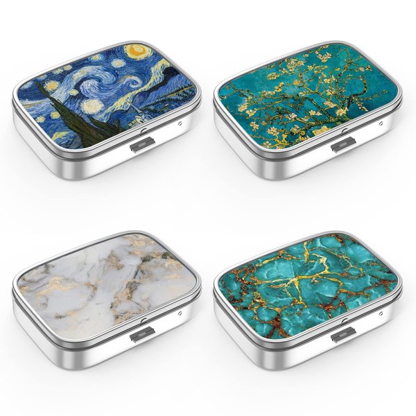 Pill Box 2 Compartment Medicine Pill Case,Portable Pill Box for Pocket or Purse Pill Box Decorative Metal Medicine Vitamin Organizer Unique Gift（4PCS）