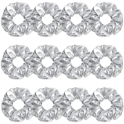 12 Pcs PU Leather Cheer Hair Scrunchies Gold Scrunchy School Performance Ponytail Holder Hair Accessories for Cheerleading Teen Girls College Sports (Silver)