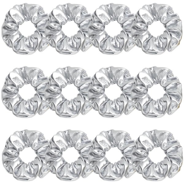 12 Pcs PU Leather Cheer Hair Scrunchies Gold Scrunchy School Performance Ponytail Holder Hair Accessories for Cheerleading Teen Girls College Sports (Silver)