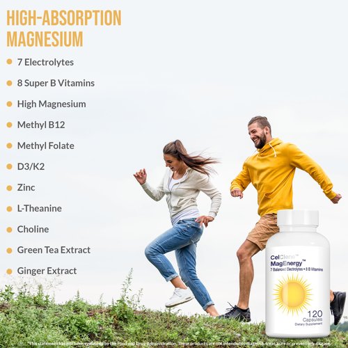 CELCLENE MagEnergy 7 Electrolytes, 8 Super B Vitamins, High Magnesium, High Methyl B12, Methyl Folate, D3/K2, Biotin, Zinc for Hydration, Energy, L-Theanine, Choline, Green Tea, Ginger Extracts