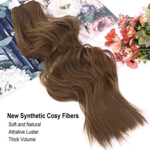 ELIO Halo Hair Extensions Thick Invisible Wire Hair Extension with Transparent Headband 4 Types Adjustable Headwidth Size Wavy Curly Long 20Inches Hairpiece for Women Girls Fish Line Secret Hairpieces with 2 Pcs Removable Secure Clips 140g(4.9oz) (Chestnu