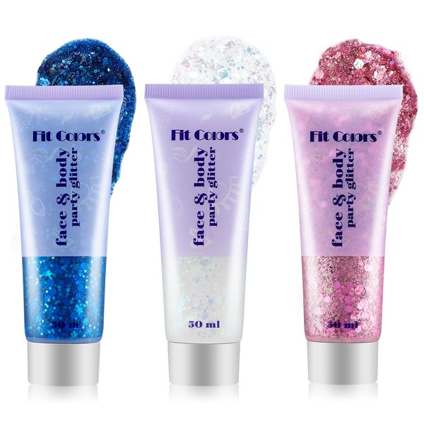 Glitter Makeup Body Glitter Face Paint Face Glitter Concert Face Makeup White Pink Blue 3 Colors Chunky Holographic Body Glitter for Concert Outfits, Clubwear or Cosplay, Costumes…