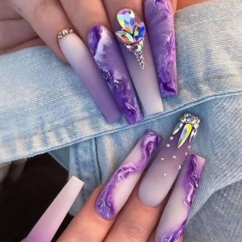 24 Pcs Press on Nails Long, Violet Fake Purple Full Cover False Nails with Rhinestone Designs Extra Long Glue on Nails Acrylic Nails for Women and Girls