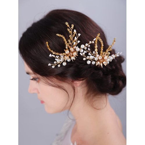 JWICOS 2Pcs Wedding Hair Pins Bride Wedding Pearl Hair Pins Wedding Hair Accessories Hair Pieces for Brides Women Girls
