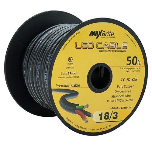 50 ft. 18AWG Low Voltage LED Cable 3 Conductor Black Sleeve in-Wall Speaker Wire UL Class 2 Certified