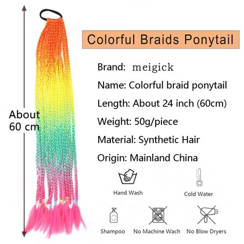 meigick Colored Braiding Hair Ponytail with Hair Tie 24” Rainbow Ponytail Extension Long Braided Synthetic Ponytail HairPieces Highlights Orange Crazy Day Hair Accessories for Women Girls Kids