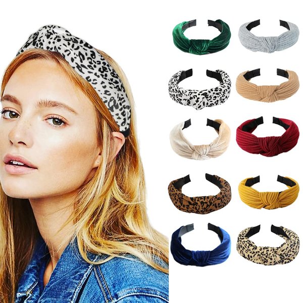 HUANMAYE Boho Headbands for Women 10 Pack Fashion Knotted Turban Velvet Leopard Print Top Knot Headband Head Band Hair Accessories Girls Ladies Diademas Para Mujer de Moda