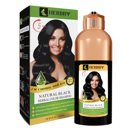 HERBBY Hair Color Shampoo for Gray Hair Coverage&Color Transform with 9 Herbal Extracts –Long Lasting(6-8 Weeks),Shiny,Evenly Colored,Instant Hair Dye Shampoo&Conditioner, 500 Ml (NATURAL BLACK COLOR)