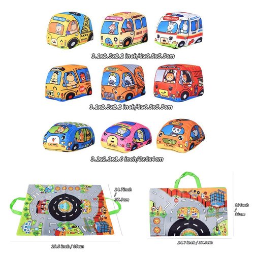 9 PCS Toddler Plush Car Toys Set with Playmat Map Storage Bag. Early Learning Toys for 1-3 Year Old Boys and Girls