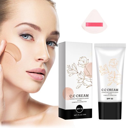 Korean Cc Cream Self Adjusting for Mature Skin, Cc Cream Tinted Moisturizer with Spf 50 Full Coverage, Organic Cc Cream Sunscreen Foundation and Concealer for Face and Body Color Correcting (1PCS)