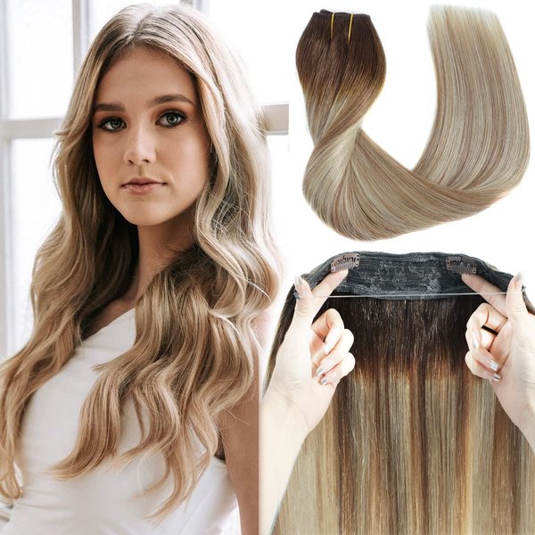Ugrace Hair Wire Hair Extensions Real Human Hair Balayage Light Brown to Ash Brown and Bleach Blonde 16 inch 80g Transparent Invisible Fish Line Straight Clip in Human Hair Extensions for Women