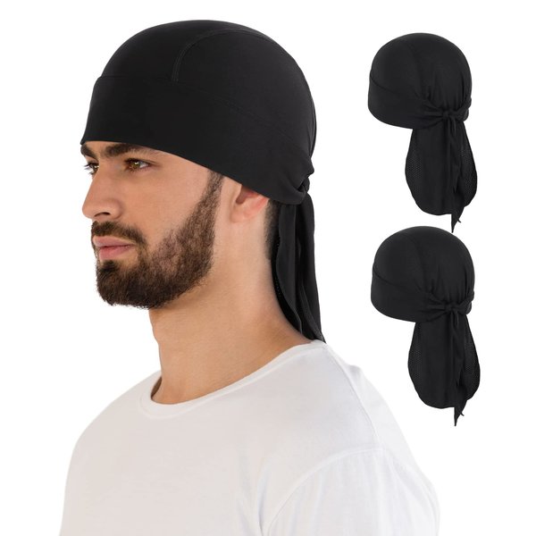MELASA Cooling Do Rags Skull Cap Helmet Liner, Sweat Head Wraps Bandanas for Men Running Cycling Motorcycle(Black&Black)