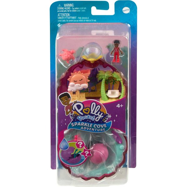 Polly Pocket Dolls & Accessories, Travel Toy with Water Play, Sparkle Beach Shell Compact with Micro Doll and Ocean Pet
