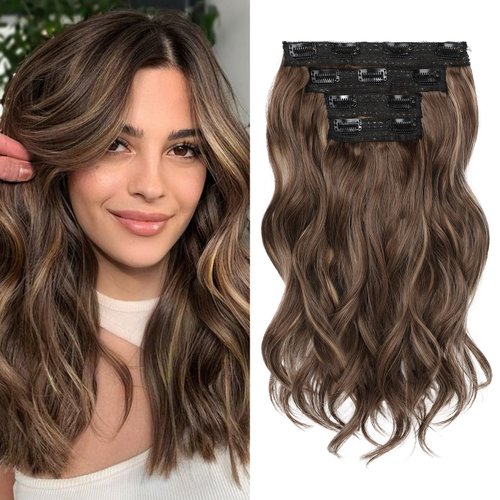 REECHO Hair Extensions, 4PCS Clip in Hair Extensions 14" Short Beach Wavy Hair Extensions Invisible Lace Weft Natural Soft Hairpieces for Women – Chocolate Brown with Highlights