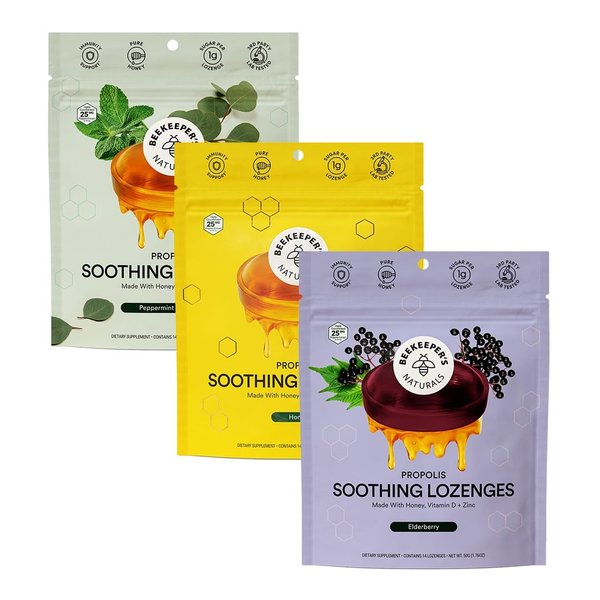 Beekeeper's Naturals Soothing Honey Cough Drops 3 Flavors Pack,Honey,Peppermint & Elderberry Sore Throat Relief Soothing Lozenges with Zinc,Propolis & Vitamin D,42 Ct